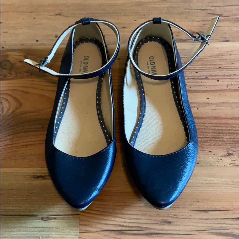 Navy blue ankle strap flats